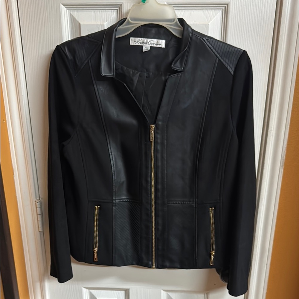 Kenneth Cole New York Black and Gold Leather Jacket with Tailored Fit